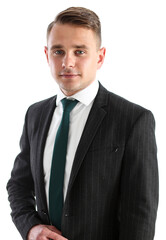 Handsome smiling man in suit and tie looking in camera portrait isolated background. White collar dress code, modern office lifestyle, graduate college study, profession idea, coach training concept