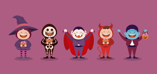 happy halloween party with little monsters characters