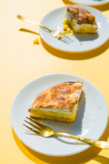 Homemade lemon meringue pie baked shot against bright kitchen windows