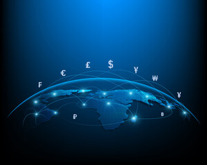 Network currency and business international money transfer illustration on blue background