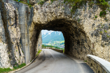 Mountain landscape along the road to Passo Giau, Dolomites, Veneto, Italy