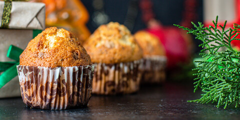 homemade muffins cupcakes and cup of tea christmas festive table setting holidays festive party new year gift tasty serving size portion top view copy space food background rustic