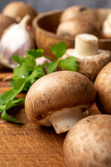 Close-up of portobello mushrooms, garlic and parsley, with selective focus, on wooden board, in vertical