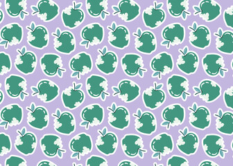 Green apple pattern. Hand-drawn vector seamless background design. Red and pink apples. Cut apple, bitten apple. Modern trendy illustration for web, banner, and card design. 