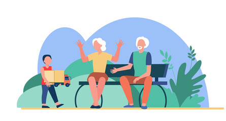 Senior couple looking after grandson outdoors. Boy carrying toy to grandparents flat vector illustration. Family, generation, grandchildren concept for banner, website design or landing web page