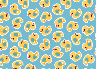 Bath rubber duck blue and yellow pattern. Cute childish pattern design for banner, card, wallpapers, and wrapping. Trendy little yellow ducks on a blue background. The seamless pattern design.