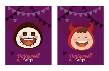 happy halloween party with little devil and skeleton heads