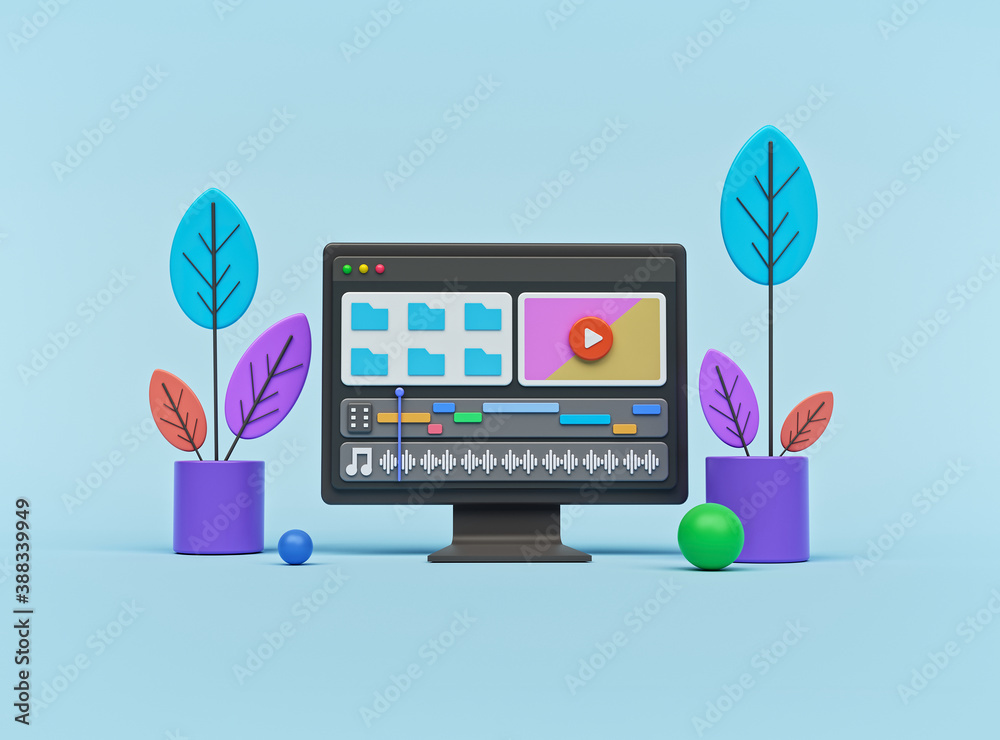Poster video editor interface software application on computer monitor. cartoon style minimal design. 3d re