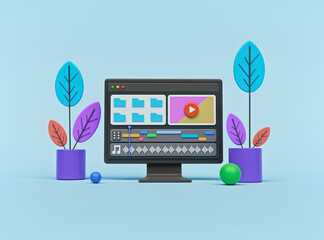 video editor interface software application on computer monitor. cartoon style minimal design. 3d rendering