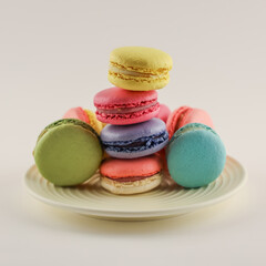Macarons on the round plate, many colored cookies