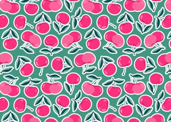 Cute pink cherries on a green background. Trendy cherry pattern design for wallpapers, print, fabric and stationery design. Sweet berry texture. Pink cherry sticker pattern. Illustrated vector berries