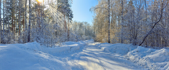 Picturesque winter landscape - road through the frozen forest at sunny weather