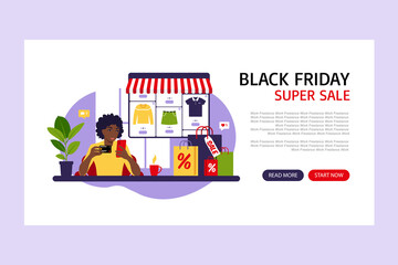 Obraz na płótnie Canvas Online shopping. Black friday. Landing page template with african woman. Modern concept for web. Sale. Vector illustration. Flat style.