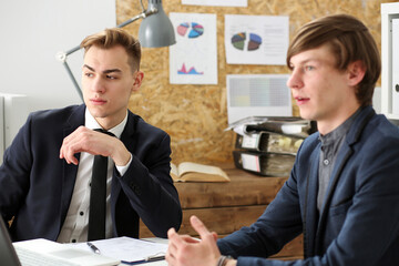 Handsome smiling businessman in suit portrait at workplace look in camera. White collar worker at workspace, exchange market, job offer, certified public accountant, internal Revenue officer concept