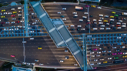 Aerial view traffic jam in city, Rush hour traffic jam in metropolis city.
