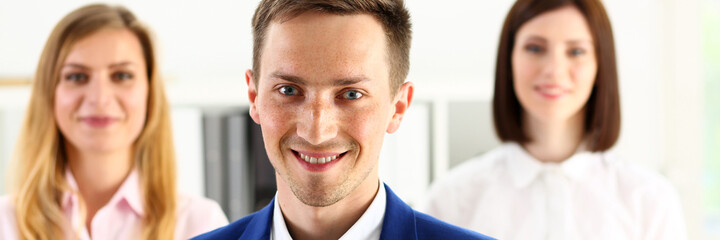 Group of smiling people stand in office looking in camera portrait. White collar power, mediation solution project, creative advisor participation, profession train, bank lawyer, client visit concept