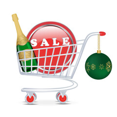 Round bright icon for sale. Shopping cart, bottle of festive wine, Christmas ball - vector. Winter discounts. New Year, Christmas sale © istorsvetlana