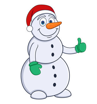cartoon snowman in a Christmas cap, shows Like. isolated on white background. stock vectar illustration.