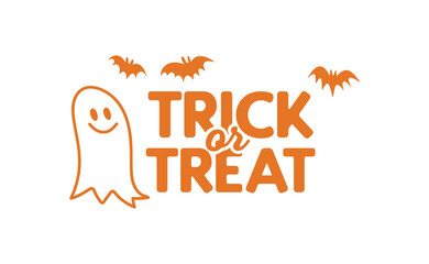 Cute cartoon ghost with trick or treat text design. Funny Halloween illustration.