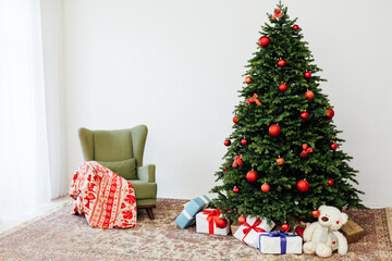 Christmas tree with gift decor for the New Year 2022 holiday winter place for inscription