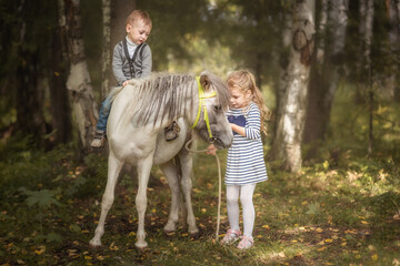 Little blond girl leading pony by bridle with her younger brother