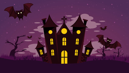 happy halloween celebration card with haunted castle and bats flying