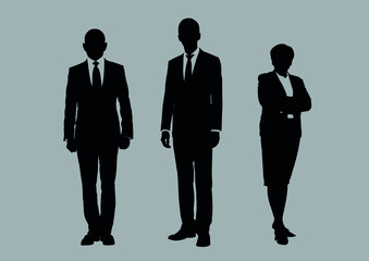 Business people group silhouettes pose on grey colour background, flat line vector and illustration.