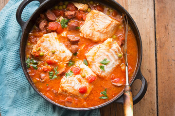 Cod chorizo stew with peas and parsley in tomato sauce 