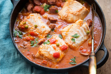 Cod chorizo stew with peas and parsley in tomato sauce 