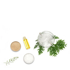 Ingredients for the production of cosmetics on a white background. Herbal powders, dried flowers, menthol crystals, oil. Natural cosmetics concept.