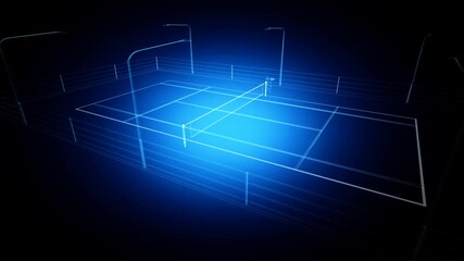 Abstract animation drawing of tennis field shape from neon line and flickering  background. - Powered by Adobe