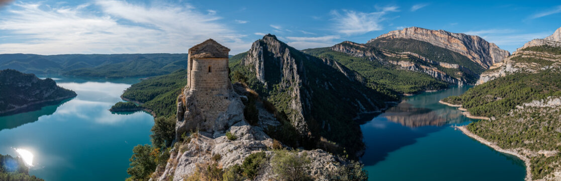 Panoramic View of Ermita de La Pertusa above the lake - Congost de Mont Rebei