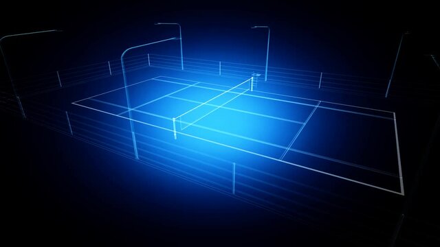 Abstract animation drawing of tennis field shape from neon line and flickering  background.