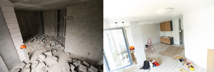 Obraz na płótnie Canvas Modern interior design of big living-kitchen studio room, before and after