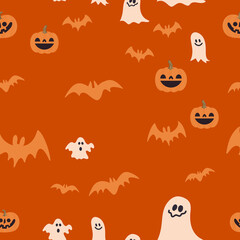 Halloween pumpkins, bats and ghosts seamless pattern. Cute illustrations background.
