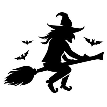an evil witch flies on a broomstick with bats. flat vector silhouette on white background.