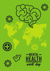 world mental health day campaign with earth maps and brain