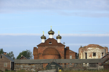 Monastery Murom on Lake Onega, Russia, building church, landscape in summer