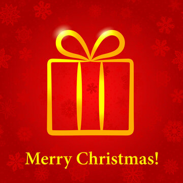 Christmas card with golden present on red background