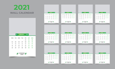  2021 Wall calendar design  Set of 12 Months, Week starts Monday
