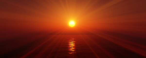 sunset sea sun ray clear sky. 3d rendering