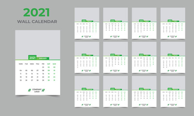  2021 Wall calendar design  Set of 12 Months, Week starts Monday
