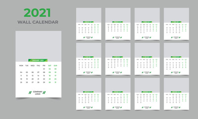  2021 Wall calendar design  Set of 12 Months, Week starts Monday

