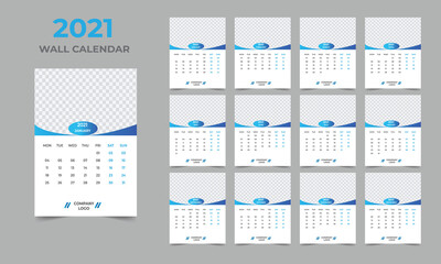  2021 Wall calendar design  Set of 12 Months, Week starts Monday
