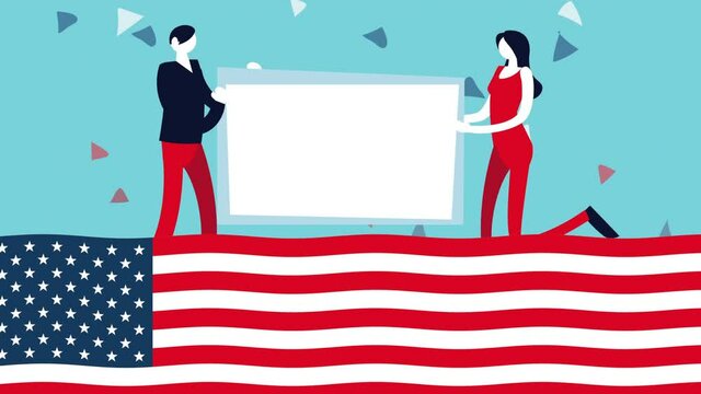 election day democratic animation with voters couple lifting banner in usa flag