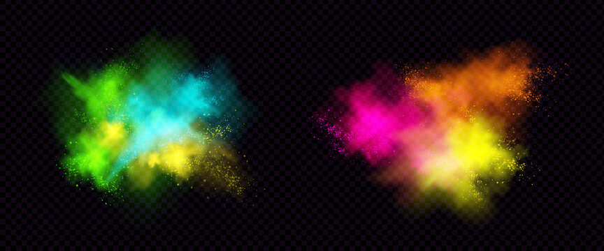 Explosions of color powder, paint dust with particles. Vector realistic set of colorful ink splashes, burst effect of powder clouds and spray isolated on transparent background