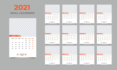  2021 Wall calendar design  Set of 12 Months, Week starts Monday
