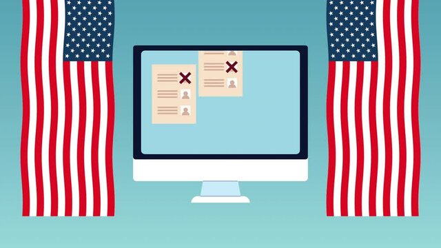 election day democratic animation with voting cards in desktop and usa flags