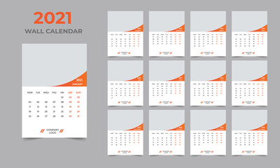  2021 Wall calendar design  Set of 12 Months, Week starts Monday
