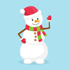 A snowman in a scarf, hat and mittens waves. Funny character. Element of Christmas and new year's design. Vector illustration in flat style. Isolated on a blue background.